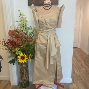 Elegant Filipiniana Gold Satin Puff-Sleeve Midi Dress Fits Small to Large